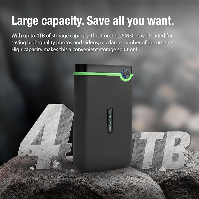 Transcend 2TB SJ25M3C, USB 3.1 Portable Hard Drive Rugged, Anti-Shock Resistant, Compact and Lightweight with Lightning-Fast Speeds, One Touch Backup Button, Type C, Iron Grey - TS2TSJ25M3C