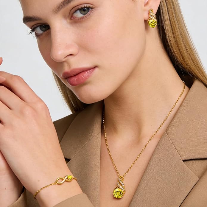Jewelry Sets for Women-18K Gold Plated Dainty Birthstone Pendant,Trendy Necklace Earrings Infinity Bracelets Set,Ideal Jewelry Gifts for Her Mom