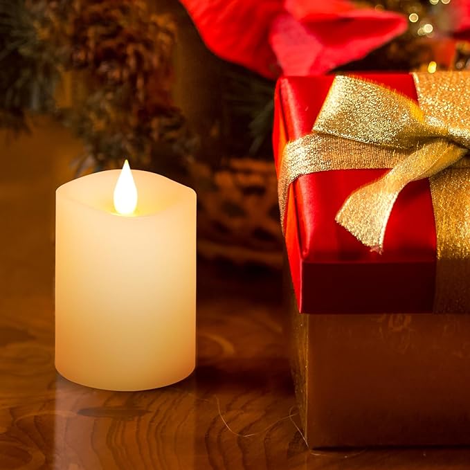 3x4 Flickering Flameless Candles Set of 1,Real Wax Pillar LED Candles with Battery,with Timer,4 inch Flameless Candles with Remote,for Christmas/Halloween/Party/Wedding,Ivory