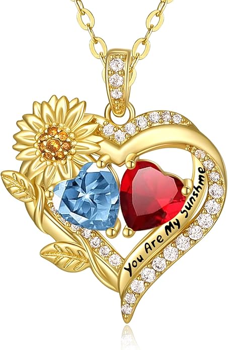 Sunflower Heart Necklace for Women 14K Gold Exquisite Valentines Day Anniversary Birthday Gifts for Wife Mother Her Double Birthstone Pendant Jewelry‘You Are My Sunshine’