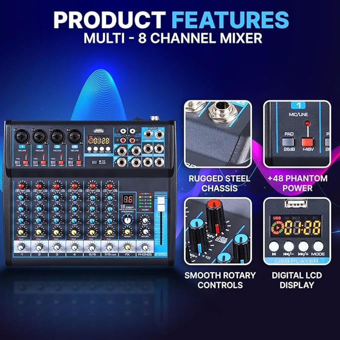 Pyle Professional Audio Mixer Sound Board Console Desk System- Interface 8 Channel Digital USB Bluetooth MP3 Computer Input 48V Phantom Power Stereo DJ Studio FX 16Bit DSP Processor, Black - PMXU83BT