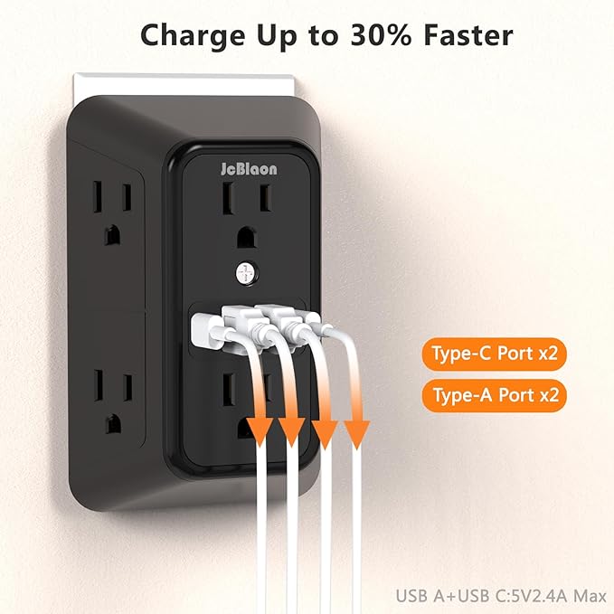 Surge Protector Outlet Extender, 6 Outlet Extender with 4 USB Charging Ports (2 USB C), 3 Sided Multi Plug Wall Adapter for Home, Office, Travel-2 Pack,Black