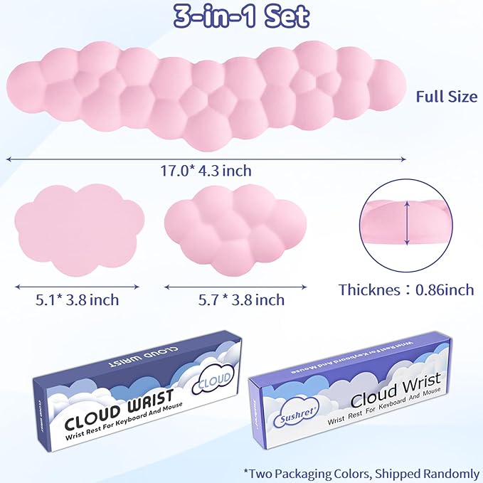 Cloud Wrist Rest for Keyboard and Mouse, Memory Foam PU Leather Keyboard Wrist Rest with Ergonomic Support, Non-Slip Base, Cute Arm Rest Pad & Palm Cushion, Office Desk Accessory, Pink