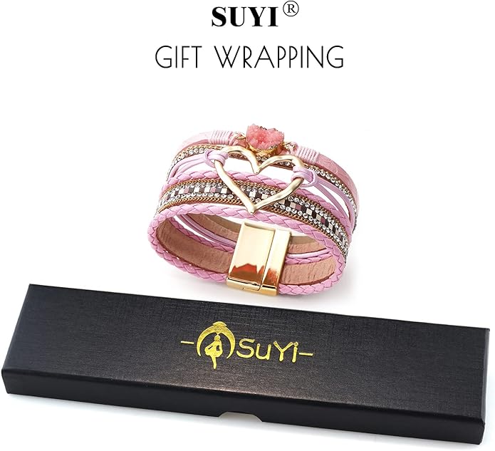 Suyi Multilayer Leather Wrap Bracelet Heart-Shape Wide Cuff Bracelets for Women