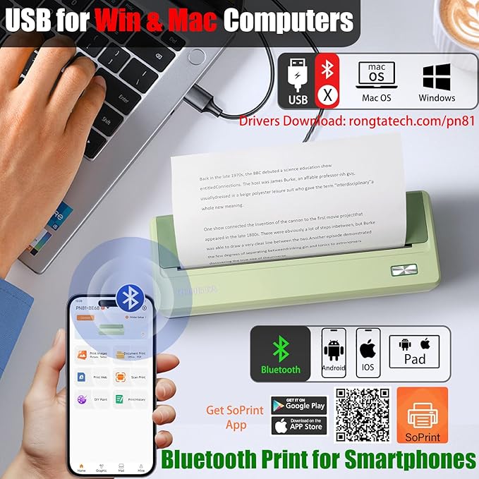 Rongta Inkless Portable Printer for Travel, Wireless Thermal Printer Support 8.5 x 11 inch A4/ US Letter, Bluetooth Compatible with Android/iOS Smartphone for Home Use (Green)