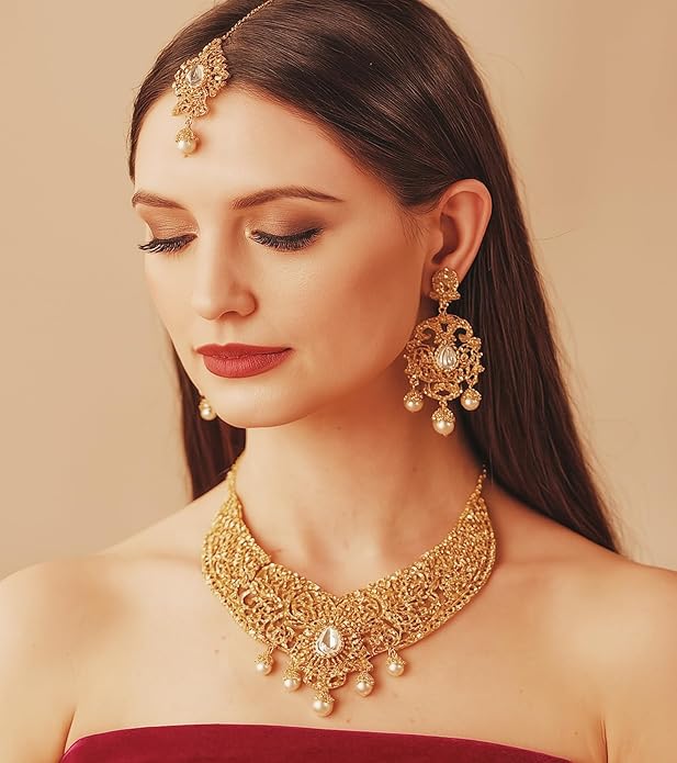 Touchstone Indian jewelry sets for women tikka wedding necklace costume guest statement bollywood rhinestones crystal faux pearls gold big royal neck piece set bridal fashion accessories