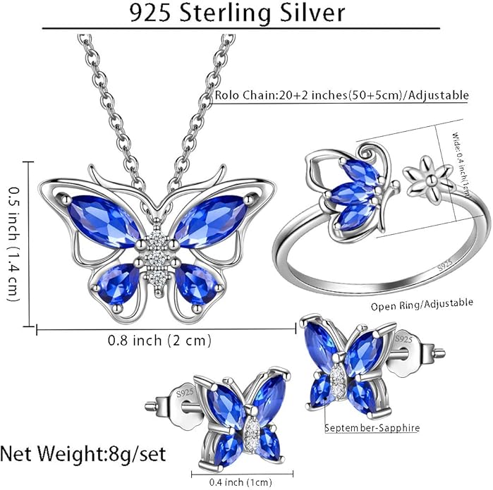 925 Sterling Silver Birthstone Butterfly Jewelry Women Crystal Animal Cute Butterflies Birthday Necklace/Earring/Ring/Bracelet Sets Birth Stone Statement Anniversary Jewellery