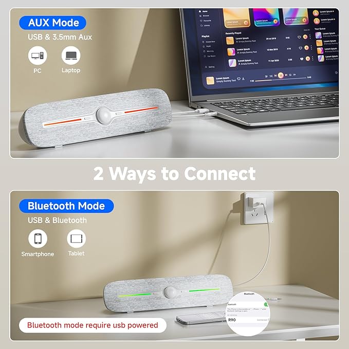 SOULION R90 Bluetooth Computer Speakers for Desktop, USB Powered 3.5mm AUX PC Speakers with LED Dynamic Light, Portable Soundbar Speaker with Rotary Volume Control for Laptop Monitor, White