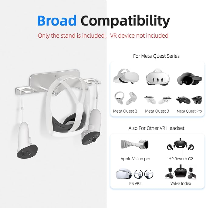 VR Wall Mount Aluminum Alloy,VR Headset Wall Mount Storage Stand Hook Compatible with Meta Quest 3/Quest Pro/Quest 2,Quest 3 Stand with 2 Storage Way,Desk Space Saving(Silver)