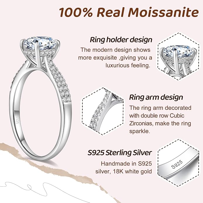 Moissanite Engagement Rings for Women,Promise Rings 925 Sterling Silver with 18K Yellow/White Gold Plated,D Color VVS1 Wedding Band Moissanite Ring 0.5/1/1.5/2/3/4CT