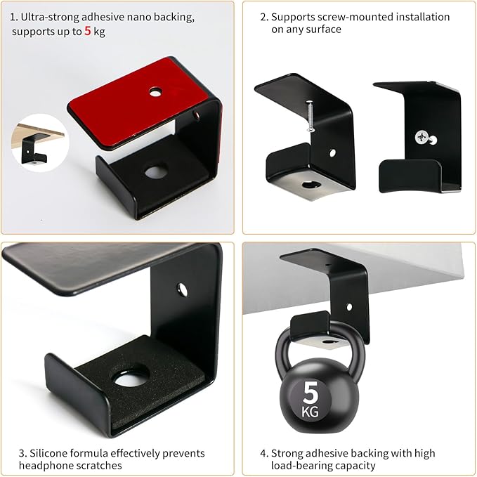 Headphone Mount Hanger,Headset Holder for Desk,Headset Holder Aluminum Hook with Strong Adhesive Tape for Classroom, Gaming Room with 2 Install Style with Rubber Pad,Single