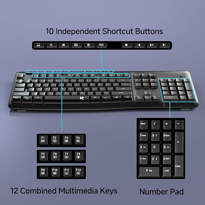 Redragon BK-7367 2.4G Wireless Keyboard, Membrane Computer Keyboard with 10 Individual Multimedia Keys, Spill Resistant Adjustable Kickstand AA Battery