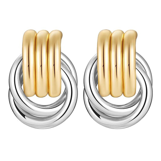 Gold Plated Chunky Gold Earrings for WomenKnot Link Circle Statement Drop Dangle Earrings Studs Trendy Jewelry (L-Size Chunky Earrings)