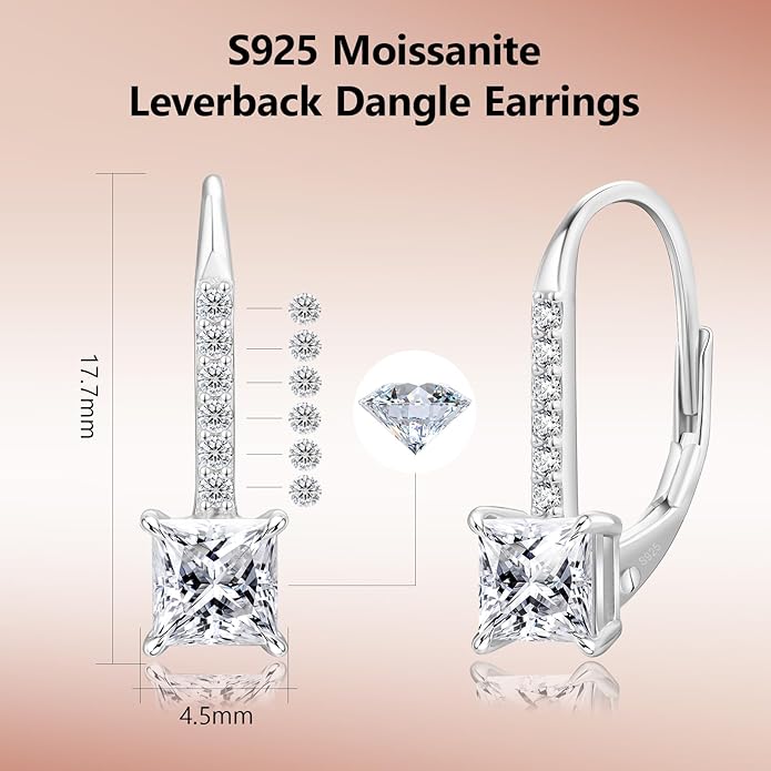 KRKC Moissanite Earrings, 1.0ct-2.0ct D Color Lab Created Diamond Earring, 14k White Gold Plated Sterling Silver Dangle Earrings S925 Leverback Drop Earring for Women Hypoallergenic Jewelry for Gifts