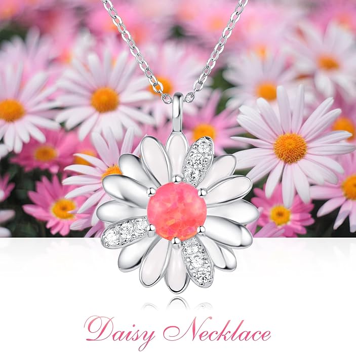 KINGWHYTE Daisy Necklace Gifts for Women 925 Sterling Silver Opal Daisy Pendant Spring Flower Necklace Jewelry Graduation Birthday Celebrate Congratulation Gift