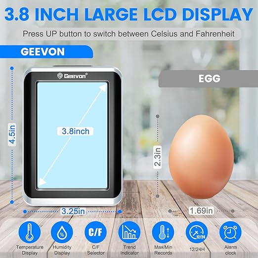 GEEVON Indoor Outdoor Thermometer Wireless Digital Hygrometer Temperature and Humidity Gauge with Time, 200ft/60m Range Temperature Humidity Sensor (Black)