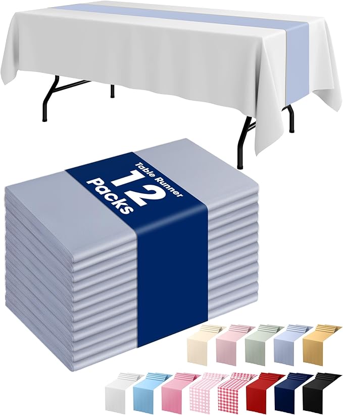 Pureegg Dusty Blue Plastic Table Runners - 12 Pack, 14'' x 108'', Water Resistant & Disposable Centerpiece Decorations for Table Cloth, Wedding, Birthday, Holiday, Baby Shower, Party, Home Decor