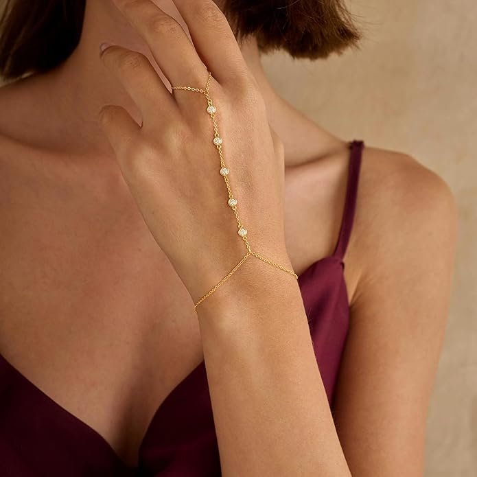Valentine Gift 14K Gold Plated Hand Chain Bracelet for Women Trendy, 2 Pcs Stackable Gold/Silver Finger Ring Bracelet Hand Chain Dainty Non Tarnish Waterproof Set Jewelry Adjustable 7'+2
