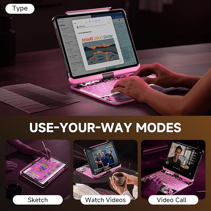 Transparent Case with Keyboard for iPad Air 13 Inch (M3/M2, 2025/2024), iPad Pro 12.9 Inch (6/5/4/3 Gen),7-Color Backlit,Magic Wireless Keyboard, 360°Rotating,with trackpad,Pencil Holder,Pink