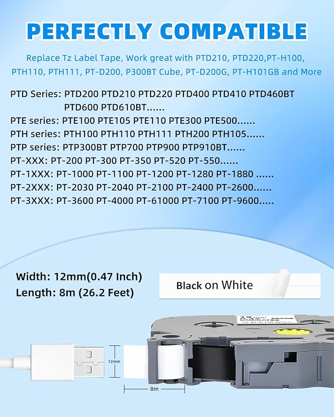 30-Pack Label Maker Tape TZe231 12mm 0.47 Inch Laminated White Tz Tape Replacement for Brother P Touch Label Maker Tape Compatible for Label Maker PT D210 D220 D200 H100 D400 1280, Black on White