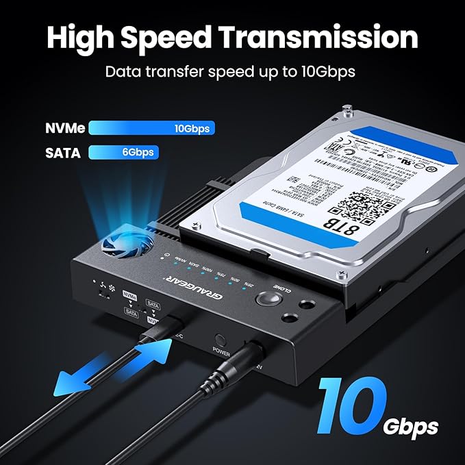 GRAUGEAR SATA SSD/HDD to M.2 NVMe Docking Station, USB-C 10Gbps Clone Station for M.2 NVMe SSD to SATA 2.5”/3.5” SSD & HDD Converter, Offline Cloning, Tool-Free, Built-in Cooling Fan