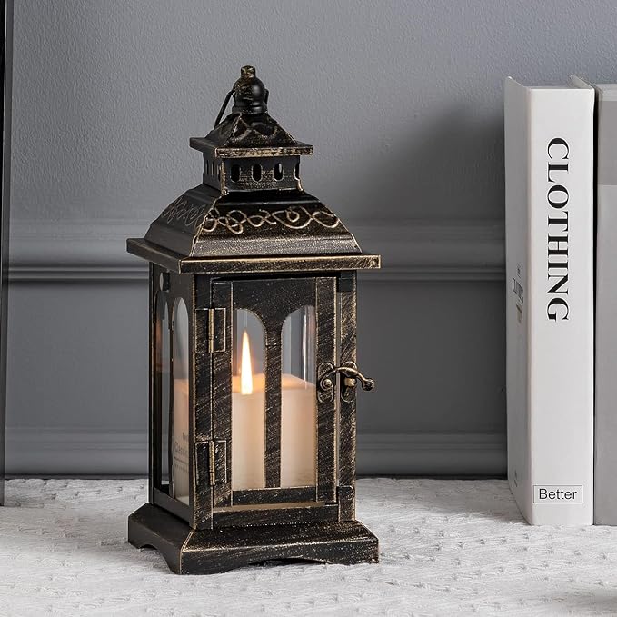 DECORKEY Candle Lantern Decorative Indoor & Outdoor, Christmas Vintage Metal Hanging Lanterns Decor for Front Porch Home Patio Wedding Party, Halloween Decorations (Black with Copper Brush)