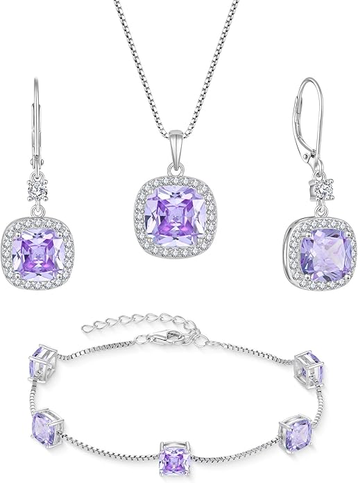 Princess Cut Jewelry Set 925 Sterling Silver Alexandrite Earrings Dangle Drop Leverback June Birthstone Necklace and Bracelet Jewelry Gifts for Women