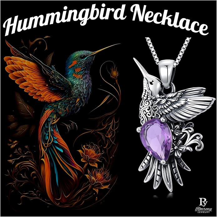 RMREWY Genuine Amethyst Hummingbird Pendant Necklace,925 Sterling Silver Native American Vintage Boho Western Pendant Real Gemstone Jewelry Birthdays Gift for Women Bird Lover