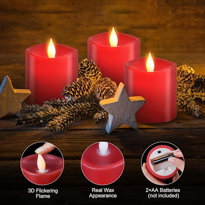 3x3 Flickering Flameless Candles Set of 3, LED Battery Candles,with Timer, 3 inch Flameless Candles with Remote, for Holiday Home Decor,Red