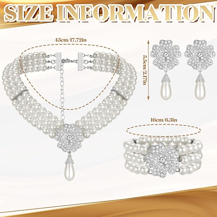 Maitys 3 Pcs 1920s Pearl Jewelry Set Includes Vintage Flapper Earrings Multilayer Imitation Pearl Necklace Bracelet for Women