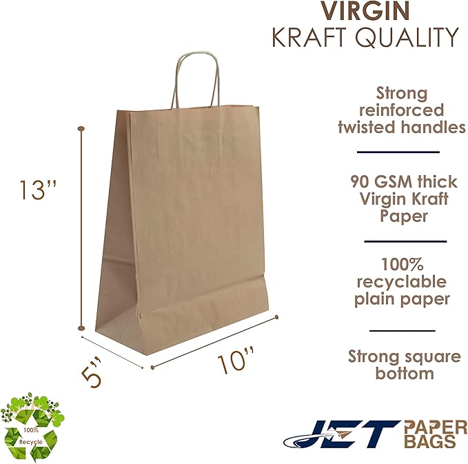 JET PAPER BAGS - 10”x5”x13” Inch [100 Pcs] Brown Paper Bags with Handles Prime for Takeout, Grocery, Goody, Retail, Party, Gifts, Weddings - Recyclable Kraft Paper Gift Bags with Handles