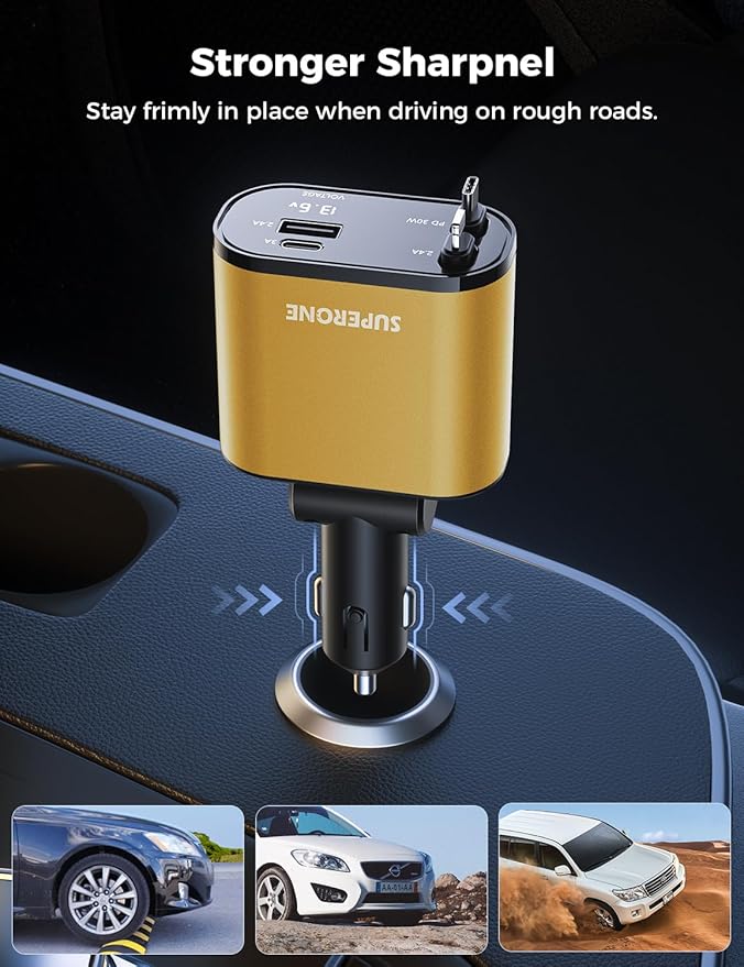 【Upgraded】 SUPERONE Retractable Car Charger 4 in 1, Fast Car Phone Charger with Cord 2.6ft, USB C and Apple Car Charger Adapter, Compatible with iPhone 15/15 Pro Max/14/13/12/11, Galaxy, Pixel
