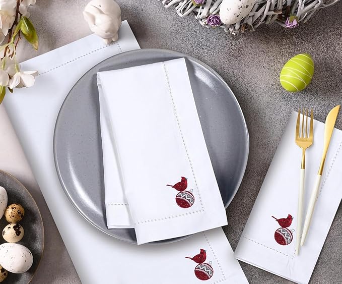 Homidate Cloth Dinner Napkins Set of 12 – 18x18 100% Cotton Silver with Red Embroidery – Machine Washable Reusable Napkins for Weddings, Parties, Dining & Holiday Events