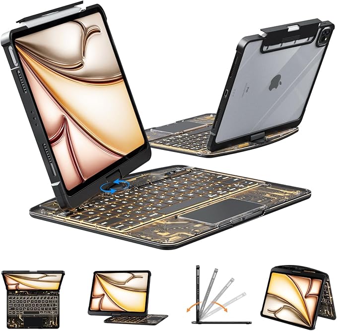 KARTICE Transparent 360 for iPad Keyboard case with Wireless Keyboard for iPad 7/8/9th 10.2 inch, Multi-Touch Trackpad, 7 Color Backlight, 360° Rotating Stand with Pencil Holder