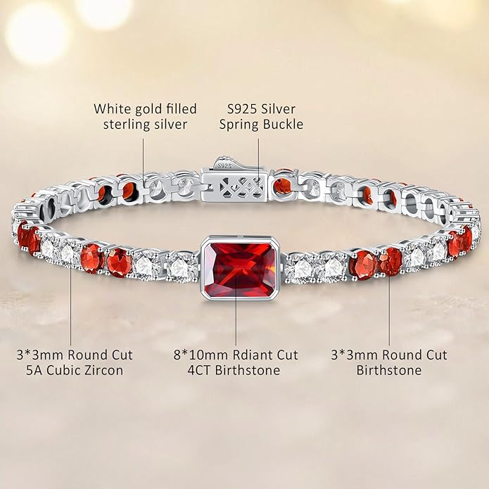 Birthstone Bracelets for Women Birthday Gifts 4CT Radiant Cut Birthstone 4mm Sterling Silver White Gold Tennis Bracelets for Women Round Cut 5A Cubic Zirconia Bezel Setting 7 Inch