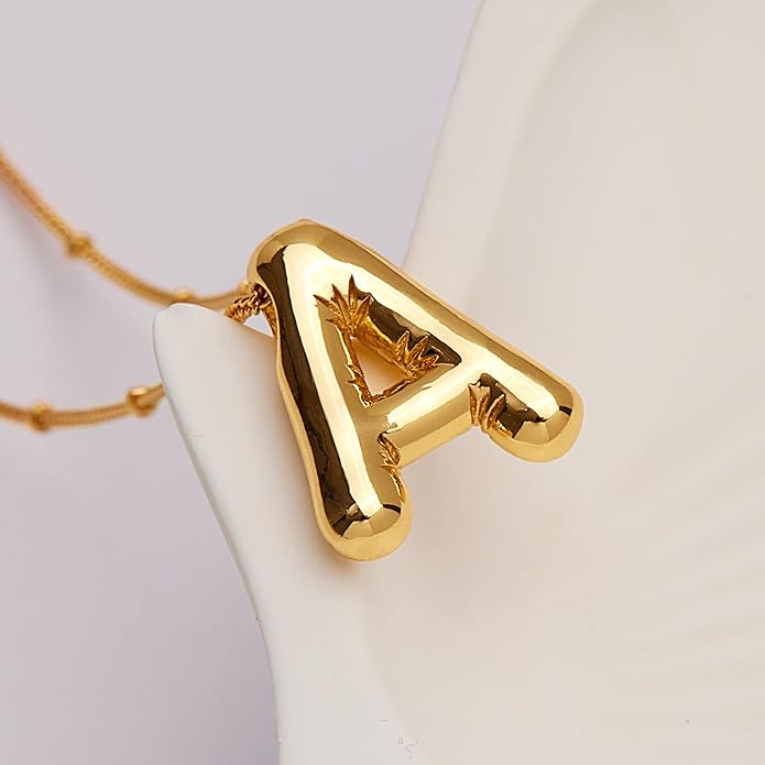 Inerney Valentines Day Gifts Gold Bubble Letter Necklace Initial Necklaces for Women, Chunky 14K Plated Balloon Initials, Trendy Charm Non Tarnish Custom Name Pendant Jewelry Gifts for Mom