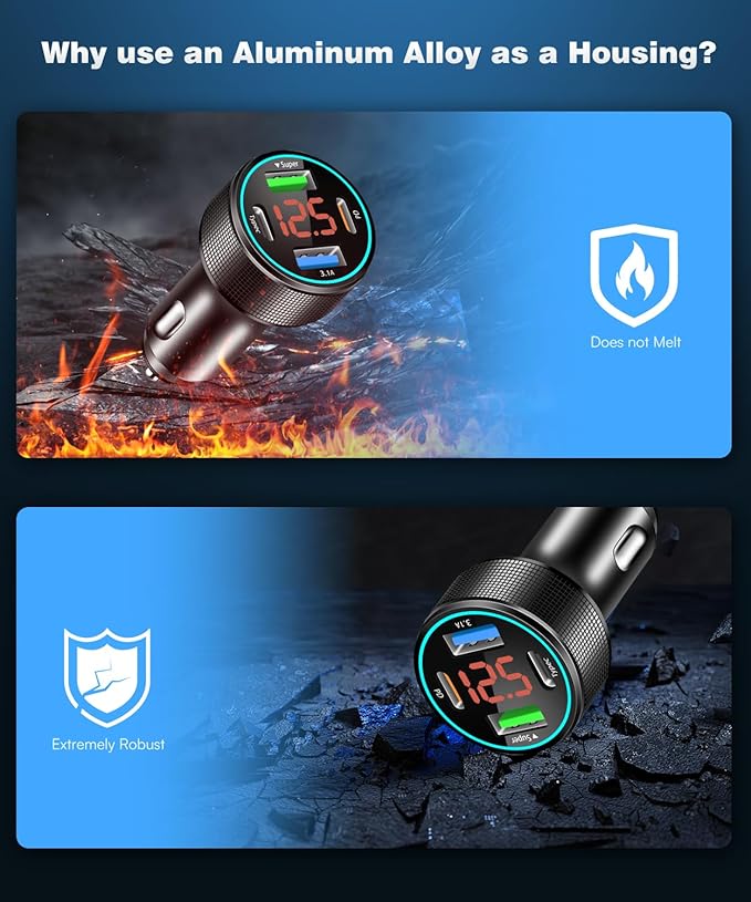 66W USB C Car Charger 4 Port Car Charger Adapter with 30W PD, 3.1A Aluminium Alloy Car Cigarette Lighter USB Charger with LED Voltmeter Compatible with Phone 15 14 13