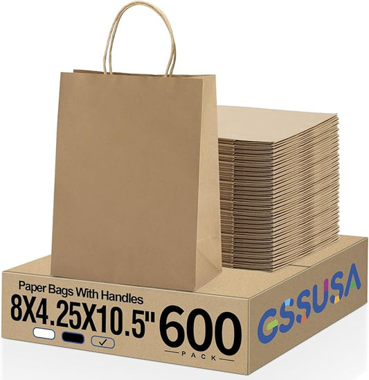 GSSUSA 600 Pack 8x4.25x10'' Paper Bags with Handles Bulk, Brown Paper Gift Bags for Small Business