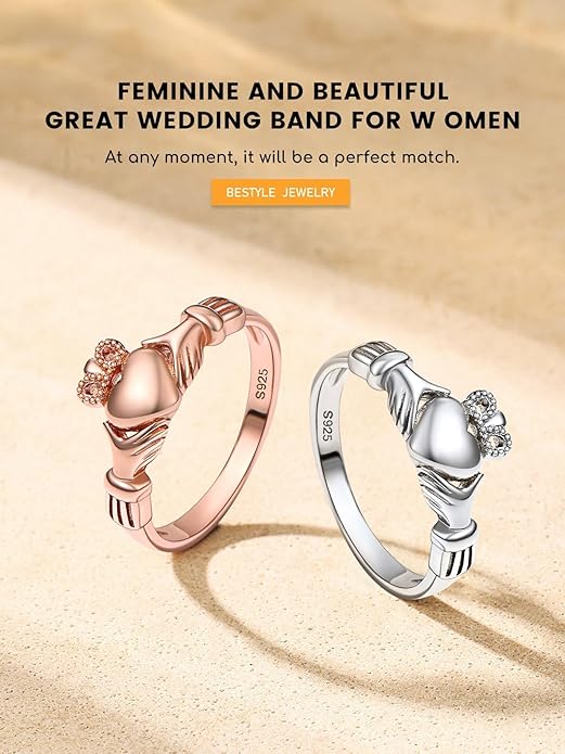 Bestyle 925 Sterling Silver Ring for Women, Minimalist Claddagh Ring Celtic Knot Ring for Women, Irish Promise Wedding Band, Gold/Rose Gold Vermeil Women Band Ring, Stackable, Gift for Her