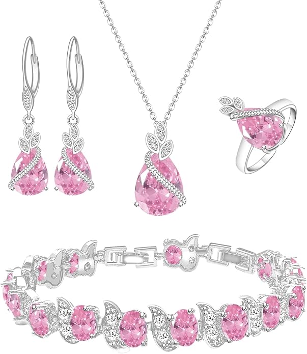 LMXXVJ Jewelry Set for Women,Teardrop Cubic Zirconia Necklace Earrings Adjustable Ring Bracelet Jewelry Set Formal Jewelry Gift