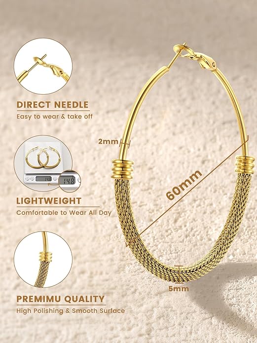 KeyStyle Mesh Hoop Earrings for Women, Stainless Steel Gold Hoops Earring Lightweight Loops, 2MM Thick Hypoallergenic Circle Endless Hollow Hoop 20mm-80mm