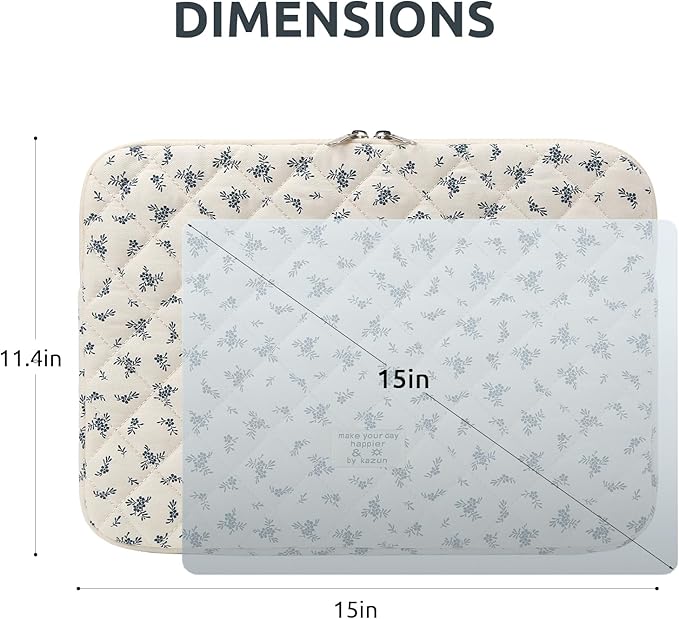 Puffy Laptop Sleeve 13-15.6 Inch Cute Quilted Laptop Protective Case Padded Floral Computer Sleeve for MacBook (A-Light Blue, 15 Inch)