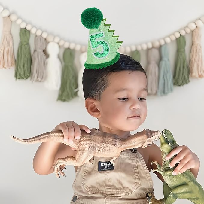 Green Glitter Dinosaur Birthday Cone Hat for 1-5 Years Old Kids Boys Dino Dinousour Birthday Hat Party Decoration