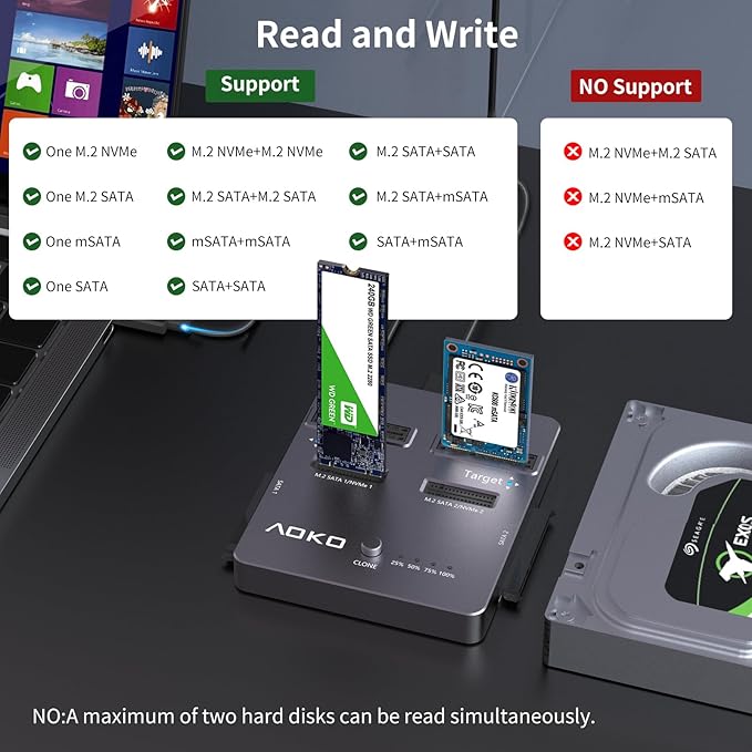 AOKO M.2 NVMe SSD Cloner, Dual-Bay 4-in-1 Hard Drive Duplicator/Reader, Supports M.2 NVMe/NGFF SATA, mSATA & SATA 2.5"/3.5" HDD,Offline Cloning Without PC
