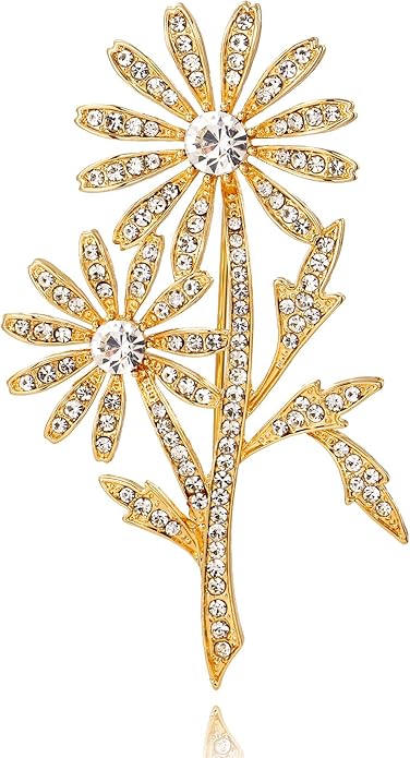 Crystal Brooch Vintage Floral Gold Pin Micro Pave Daisy/Tulip Rhinestone Embellishment for Women Holiday styles.