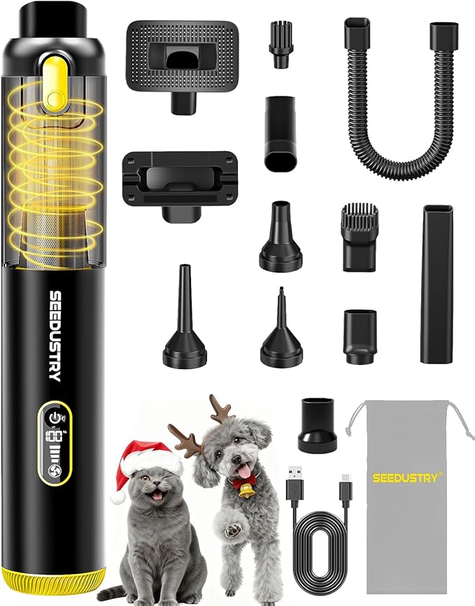 SEEDUSTRY Handheld Vacuum Cleaner Cordless, Mini Car Vacuum/Portable Pet Grooming Vacuum Cleaner, 3 Suction Modes-Up to 18000pa, 6 Blow & Suck & Deflate & Inflate Nozzles for Car, Pet, Office, Home