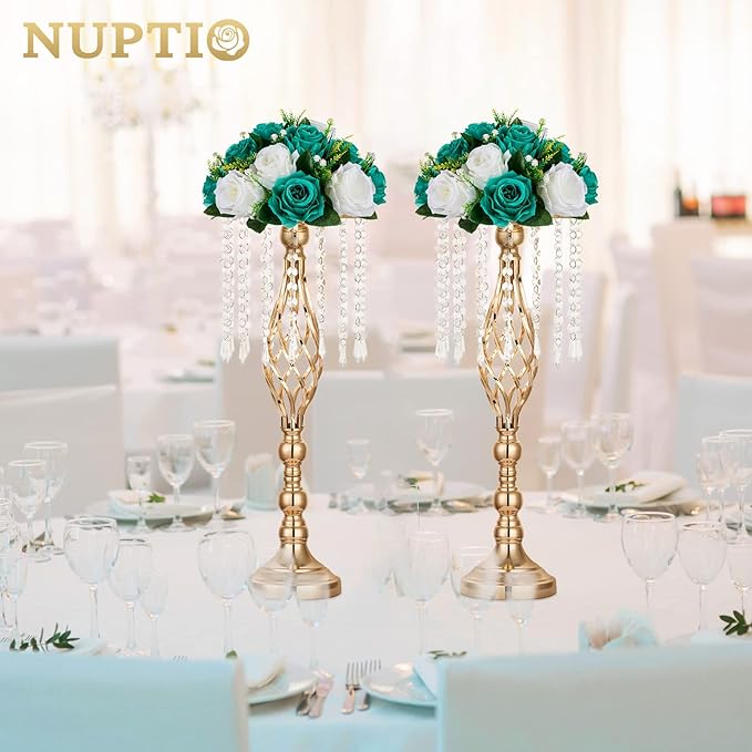 NUPTIO Flower Wedding Centrepieces for Tables - 6 Pcs 9.5in Diameter Teal & White Artificial Flowers Rose Ball for Centerpieces Table - Fake Rose Arrangements for Weddings Birthday Party Decorations