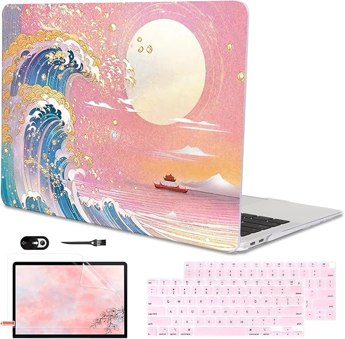 Compatible with 2018 2019 2020 2021 MacBook Air 13 inch Case M1 A2337 A2179 A1932, Clear Printed Pattern Hard Shell Case & Keyboard Cover for Mac Air 13 M1 Touch ID, Sunset Glow Waves