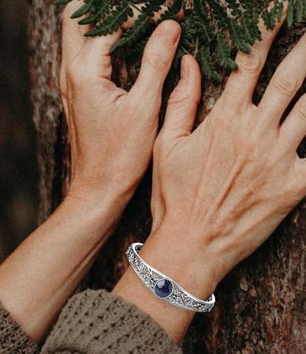 Genuine Turquoise Cuff Bracelet for Women, Sterling Silver Western Vintage Floral Bangle Native American Jewelry, For 6.5-7.5 Inch Wrists