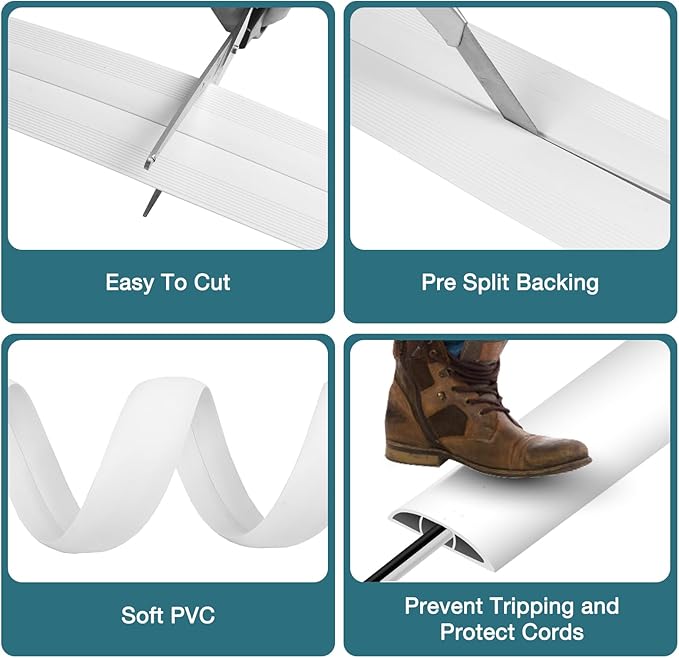 Floor Cord Cover, Cable Protector, 0.63W x 0.31H inches, Wire Cover for Extension Cords, Floor Cable Covers Prevent Cable Trips (White, 50-10 Feet)